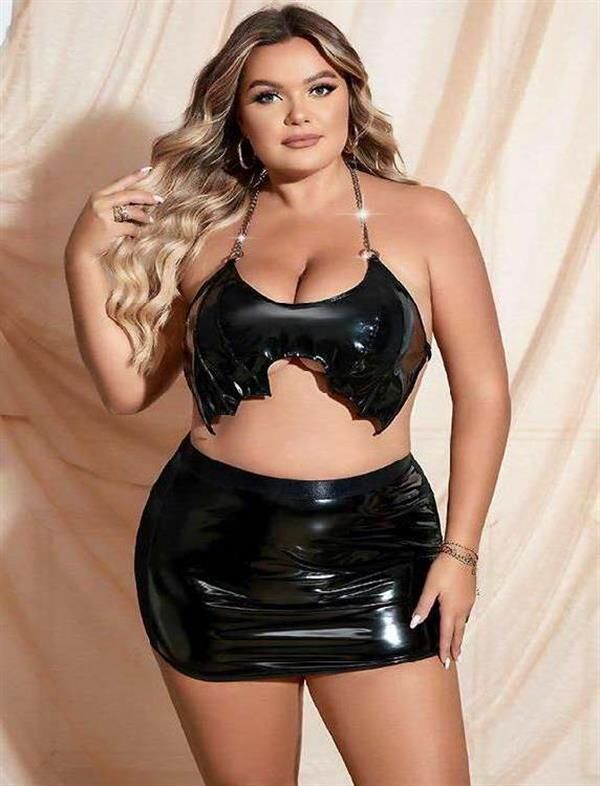 Scarlest Büyük Beden Siyah Deri Zincir Detaylı Etekli Fantezi Takım