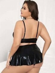 Scarlest Büyük Beden Siyah Deri Etekli Fantezi Takım