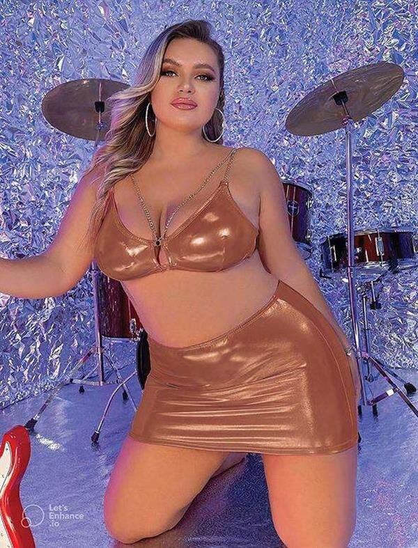 Scarlest Büyük Beden Kahverengi Deri Zincir Aksesuarlı Etekli Fantezi Takım