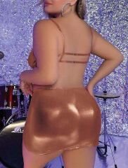 Scarlest Büyük Beden Kahverengi Deri Zincir Aksesuarlı Etekli Fantezi Takım