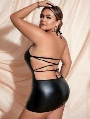 Scarlest Büyük Beden Siyah Deri Göğüs Dekolteli Fantezi Elbise