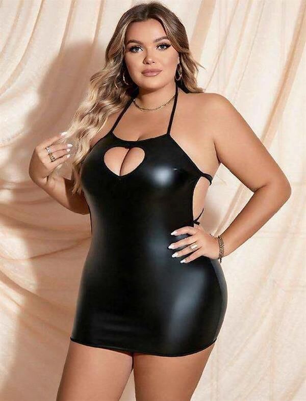 Scarlest Büyük Beden Siyah Deri Göğüs Dekolteli Fantezi Elbise