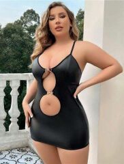 Scarlest Büyük Beden Siyah Deri Metal Aksesuarlı Fantezi Elbise