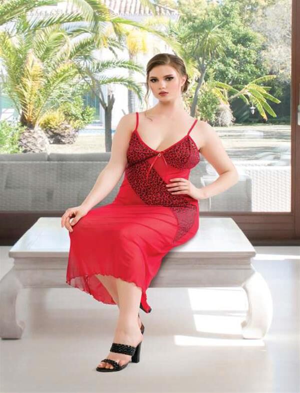 Scarlest Büyük Beden Bordo Leopar Desen Tül Fantezi Uzun Gecelik