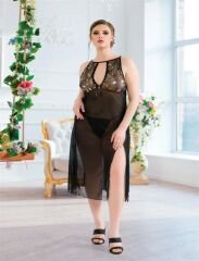 Scarlest Büyük Beden Siyah Tül Fantezi Uzun Yırtmaçlı Gecelik