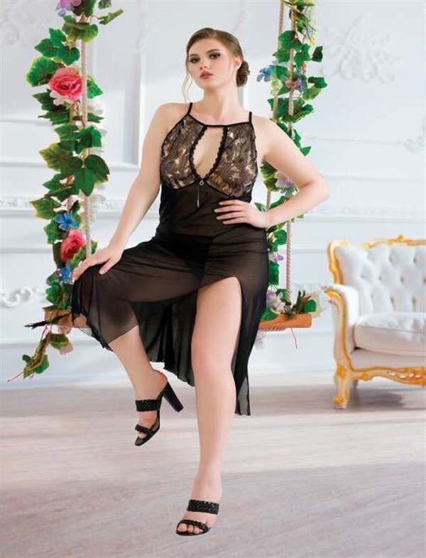 Scarlest Büyük Beden Siyah Tül Fantezi Uzun Yırtmaçlı Gecelik