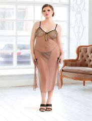 Scarlest Büyük Beden Kahverengi Tül Fantezi Uzun Yırtmaçlı Gecelik