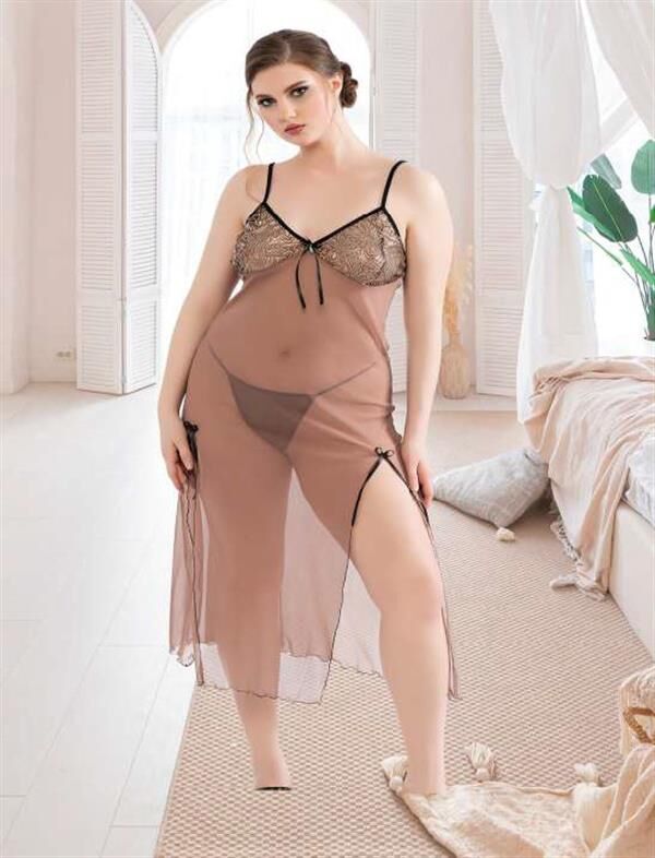 Scarlest Büyük Beden Kahverengi Tül Fantezi Uzun Yırtmaçlı Gecelik