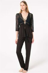 Scarlest Dantelli Sabahlık Balensiz Desteksiz Dolgusuz Yaka Detaylı Sütyen ve Pantolon Pijama 3'lü Takım