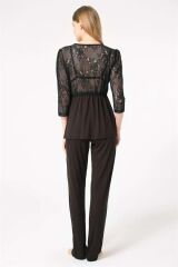 Scarlest Dantelli Sabahlık Balensiz Desteksiz Dolgusuz Yaka Detaylı Sütyen ve Pantolon Pijama 3'lü Takım