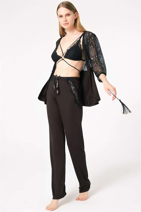 Scarlest Dantelli Sabahlık Balensiz Desteksiz Dolgusuz Yaka Detaylı Sütyen ve Pantolon Pijama 3'lü Takım