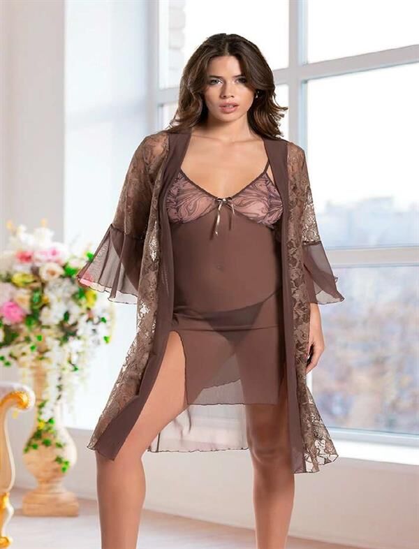 Scarlest Haki Transparan Dantel İşlemeli Tül Yırtmaçlı 2'li Gecelik Takımı