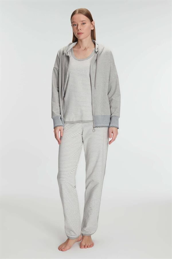 Scarlest Pamuklu Uzun Kol Fermuarlı Swearshirt Sıfır Kol T-Shirt ve Pantolon Pijama Takım
