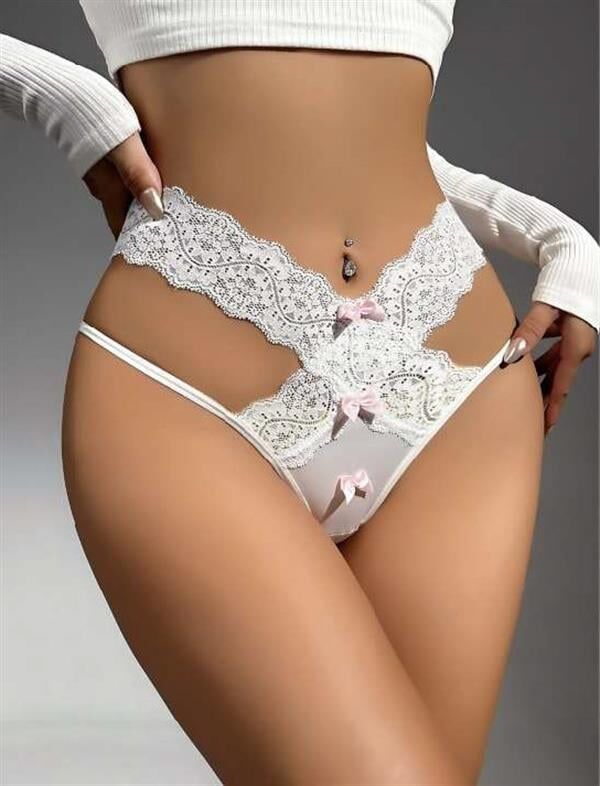 Scarlest Beyaz Pembe Kurdelalı Dantelli Fantezi String Tanga