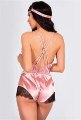 Scarlest Pembe Dantelli Sırtı Çapraz Saten Şort Tulum