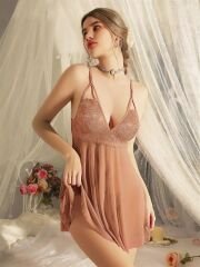 Scarlest Dantel İşlemeli Tül Transparan Kahverengi Fantezi Gecelik