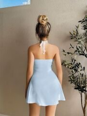 Scarlest Dantel İşlemeli Boyundan Bağlamalı Mavi Saten Gecelik