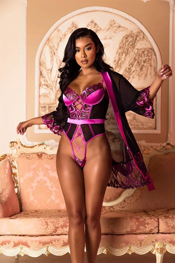 Scarlest Fuşya Dantel İşlemeli Kalp Desenli Fantezi Gecelik Body Takımı