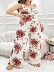 Scarlest Büyük Beden Gül Desenli İnce Askılı Beyaz Salaş 2'li Takım