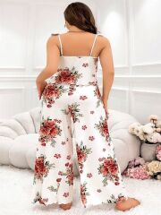 Scarlest Büyük Beden Gül Desenli İnce Askılı Beyaz Salaş 2'li Takım