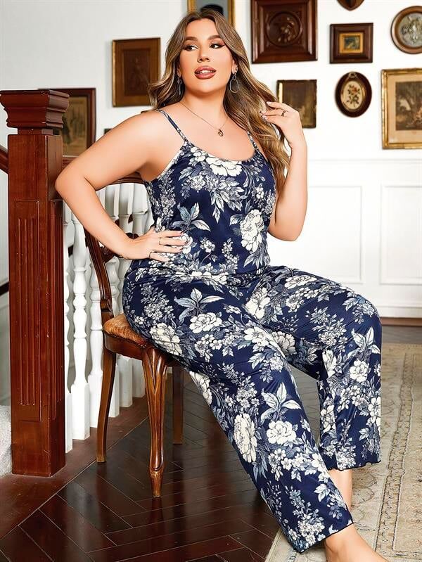 Scarlest Büyük Beden Çiçek Desenli İnce Askılı Lacivert 2'li Takım