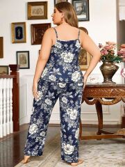 Scarlest Büyük Beden Çiçek Desenli İnce Askılı Lacivert 2'li Takım