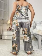 Scarlest Büyük Beden Çiçek Desenli İnce Askılı Gri 2'li Takım