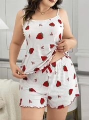 Scarlest Büyük Beden Çilek Desen Pamuklu Şortlu Pijama Takımı
