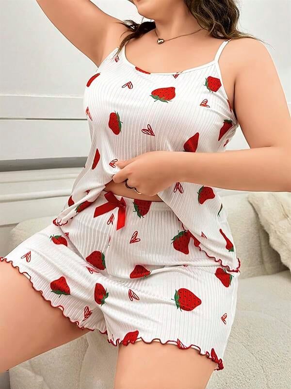 Scarlest Büyük Beden Çilek Desen Pamuklu Şortlu Pijama Takımı
