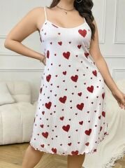 Scarlest Büyük Beden Kalp Desen Pamuklu İnce Askılı Uzun Gecelik