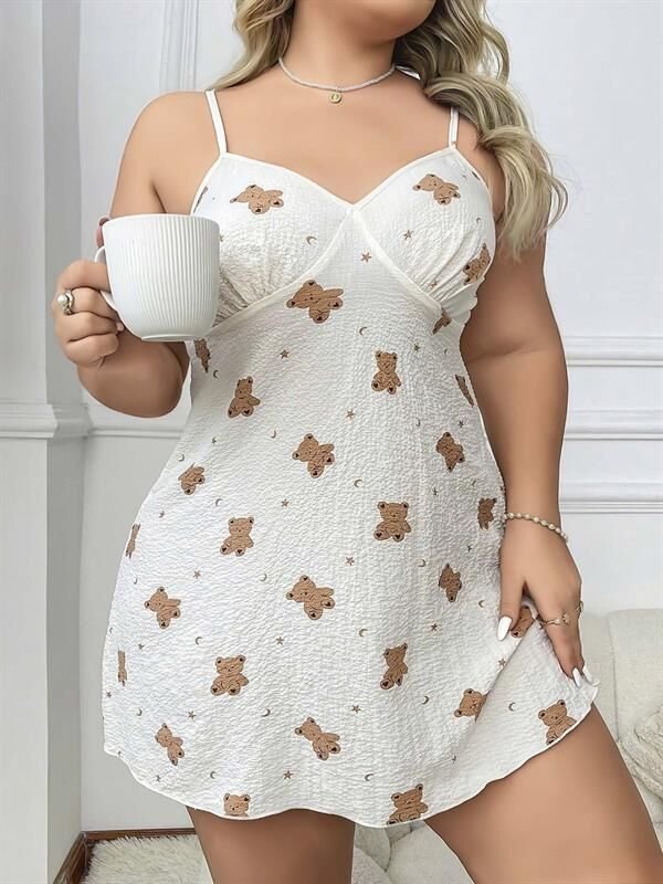 Scarlest Büyük Beden Ayıcık Desenli Pamuklu İnce Askılı Mini Gecelik