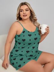 Scarlest Büyük Beden Yeşil Kalp Desen Pamuklu Şortlu Pijama Takımı