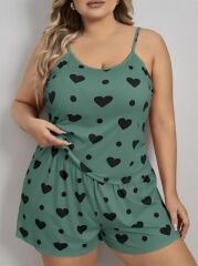 Scarlest Büyük Beden Yeşil Kalp Desen Pamuklu Şortlu Pijama Takımı