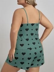 Scarlest Büyük Beden Yeşil Kalp Desen Pamuklu Şortlu Pijama Takımı