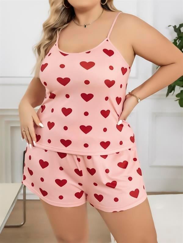 Scarlest Büyük Beden Pembe Kalp Desen Pamuklu Şortlu Pijama Takımı