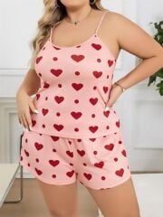 Scarlest Büyük Beden Pembe Kalp Desen Pamuklu Şortlu Pijama Takımı