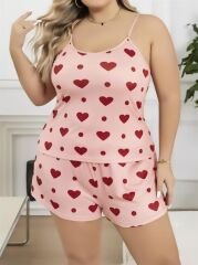 Scarlest Büyük Beden Pembe Kalp Desen Pamuklu Şortlu Pijama Takımı