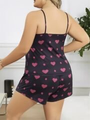 Scarlest Büyük Beden Siyah Kalp Desen İnce Askılı Pamuklu Şortlu Pijama Takımı