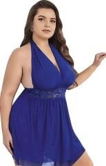 Scarlest Büyük Beden Mavi Dantel İşlemeli Boyundan Bağlamalı Fantezi Tül Gecelik