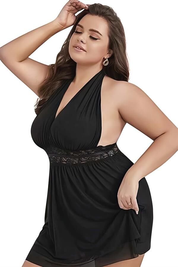 Scarlest Büyük Beden Siyah Dantel İşlemeli Boyundan Bağlamalı Fantezi Tül Gecelik