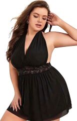 Scarlest Büyük Beden Siyah Dantel İşlemeli Boyundan Bağlamalı Fantezi Tül Gecelik