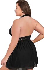 Scarlest Büyük Beden Siyah Dantel İşlemeli Boyundan Bağlamalı Fantezi Tül Gecelik