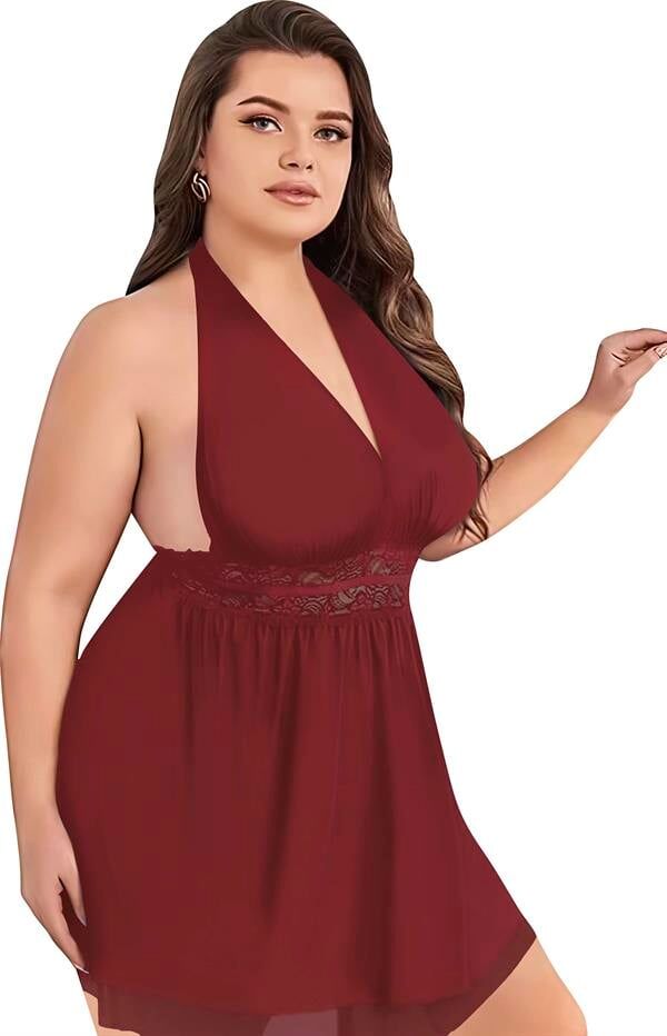 Scarlest Büyük Beden Bordo Dantel İşlemeli Boyundan Bağlamalı Fantezi Tül Gecelik