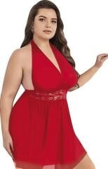 Scarlest Büyük Beden Kırmızı Dantel İşlemeli Boyundan Bağlamalı Fantezi Tül Gecelik