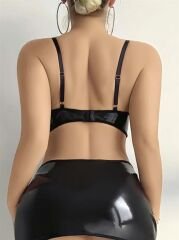 Scarlest Siyah İp Dekolteli Mini Etekli Fantezi Parlak Deri Kostüm