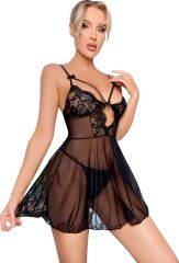 Scarlest Siyah Dantel İşlemeli Göğüs İp Detaylı Fantezi Tül Gecelik Takımı