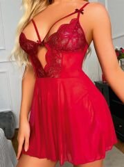 Scarlest Bordo Dantel İşlemeli Göğüs İp Detaylı Fantezi Tül Gecelik Takımı