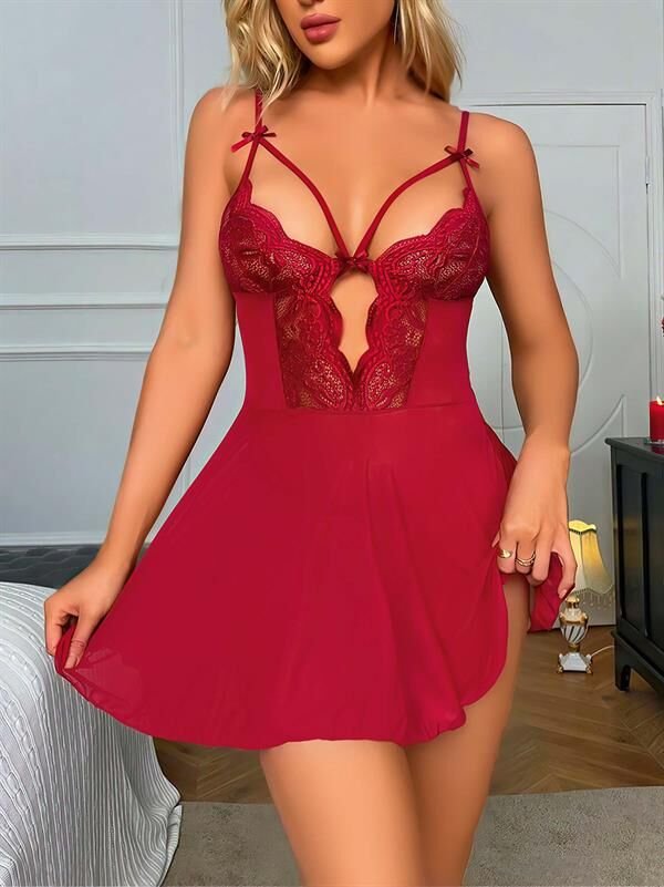 Scarlest Bordo Dantel İşlemeli Göğüs İp Detaylı Fantezi Tül Gecelik Takımı