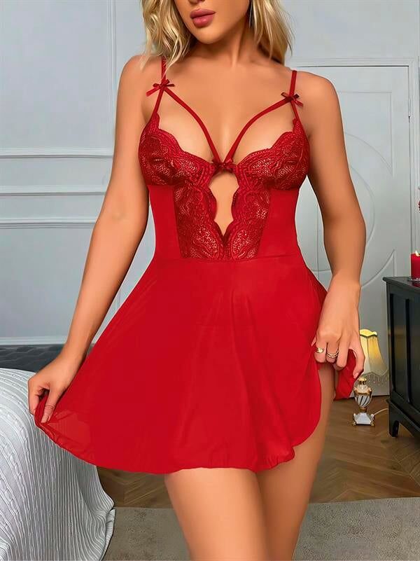Scarlest Kırmızı Dantel İşlemeli Göğüs İp Detaylı Fantezi Tül Gecelik Takımı