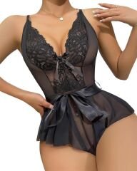 Scarlest Siyah Dantel İşlemeli Kurdelalı Fantezi Tül Babydoll